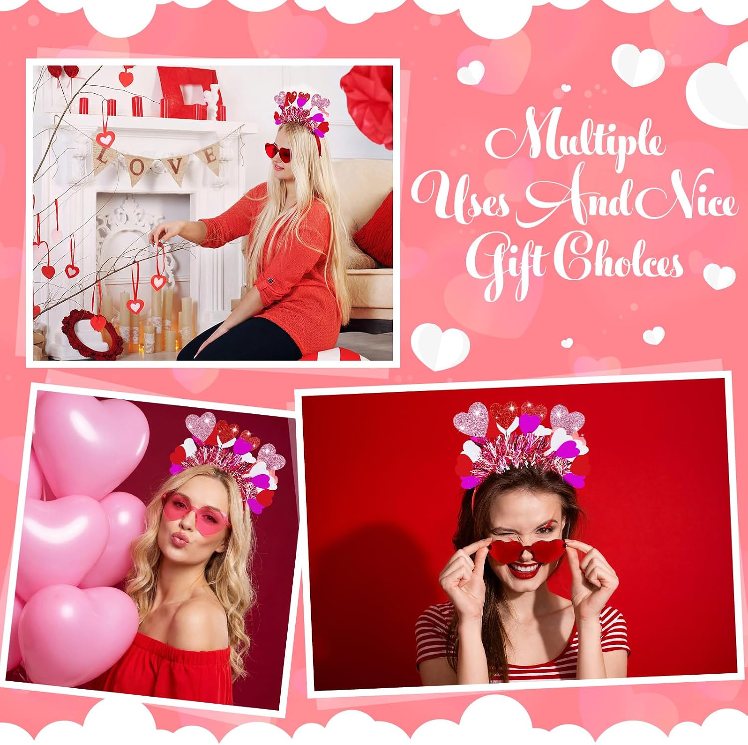 Jutom 24 Pieces Valentines Heart Headbands and Glasses Love Shaped Head Boppers Sunglasses for Adults Galentine's Supplies(Latest Style)
