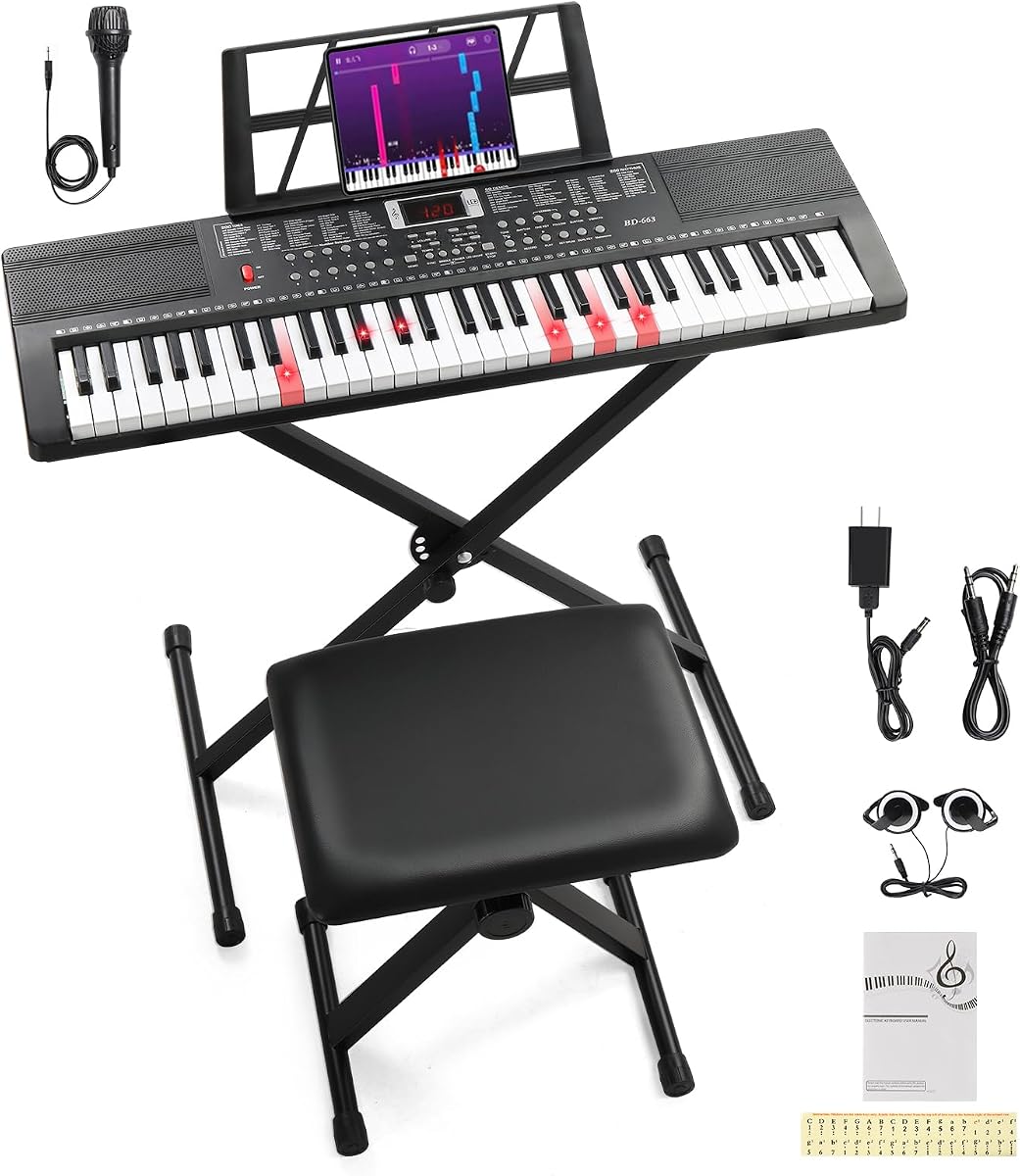 Ktaxon Teclado eléctrico de piano de 61 teclas | Juego de piano eléctrico | Incluye auriculares, micrófono, atril, soporte para piano y banco para piano | 3 modos de enseñanza, alimentación dual y teclas iluminadas (negro)