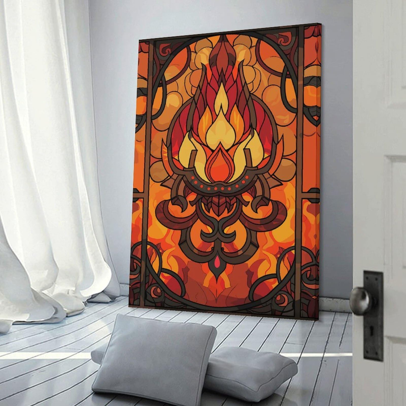 Junmoney Room Decor Wall Art Stained Glass Fire Lotus Design, 08x12inch(20x30cm), for Hallway, Bedroom Or Modern Interiors, Gift Idea for Housewarming And Birthdays