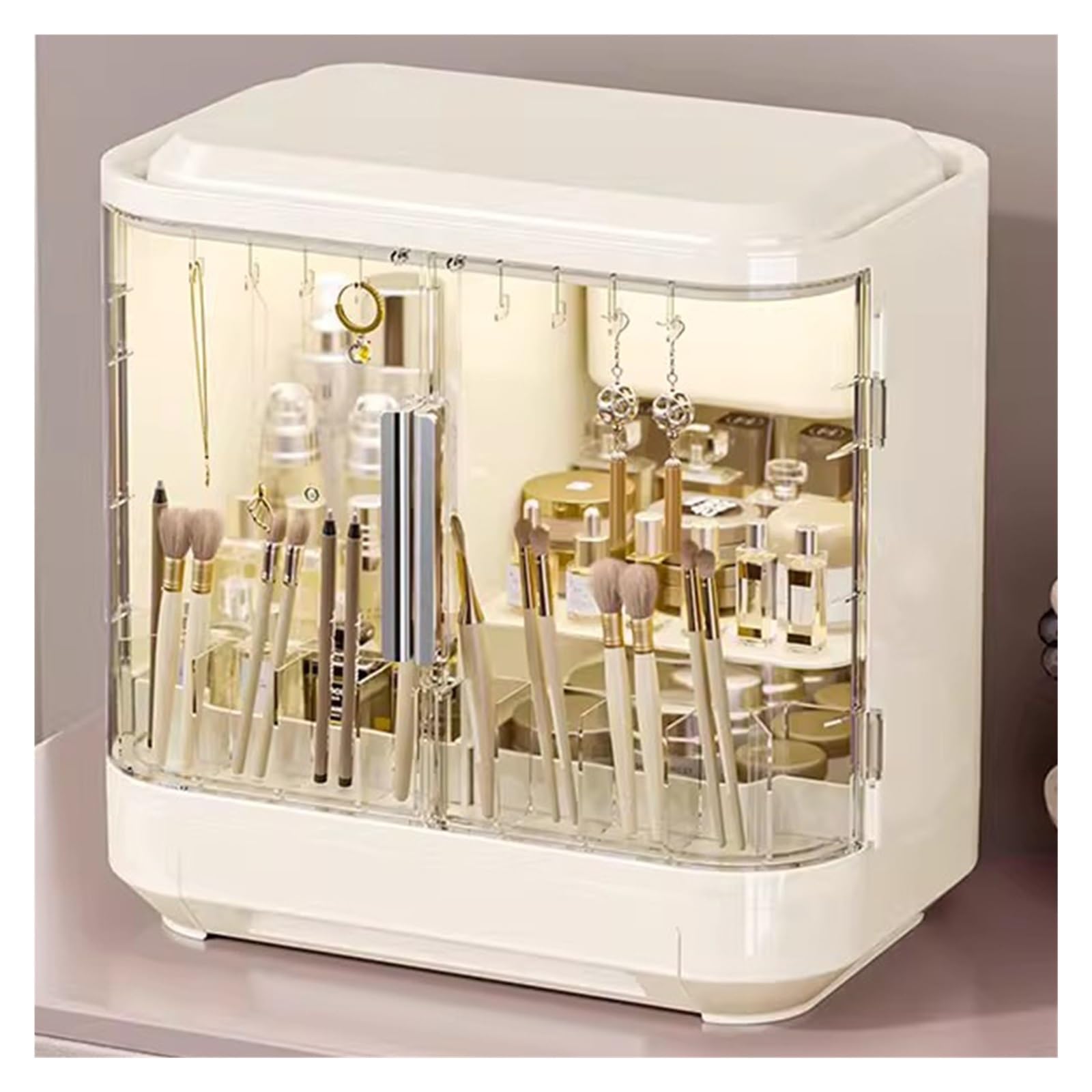 Elegante Caja de Almacenamiento de Maquillaje a Prueba de Polvo, Estuche exhibidor de cosméticos con Tapa Transparente, Organizador de Cuidado de la Piel para la encimera del baño (Crema 1)