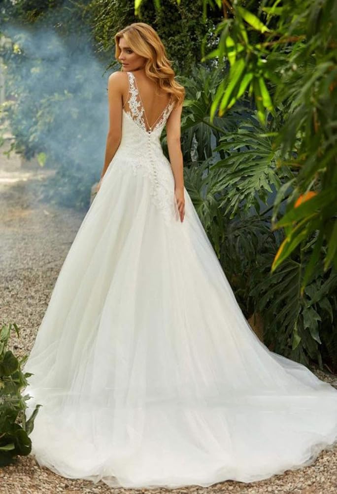 CoCogirls Vintage Wedding Dresses Backless V-Neck Appliques A-line Tulle  Simple Lace Wedding Dresses Wedding Dress, ivory : Amazon.de: Fashion