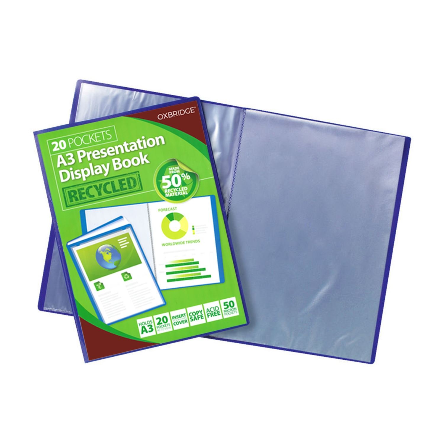 4 x Oxbridge® Blue A3 20 Pocket Professional Presentation Display Book - 20 Pockets 40 Views - 50 Micron Clear Pockets - Front Personalisation Pocket. Ideal for Home, School or Office Use.