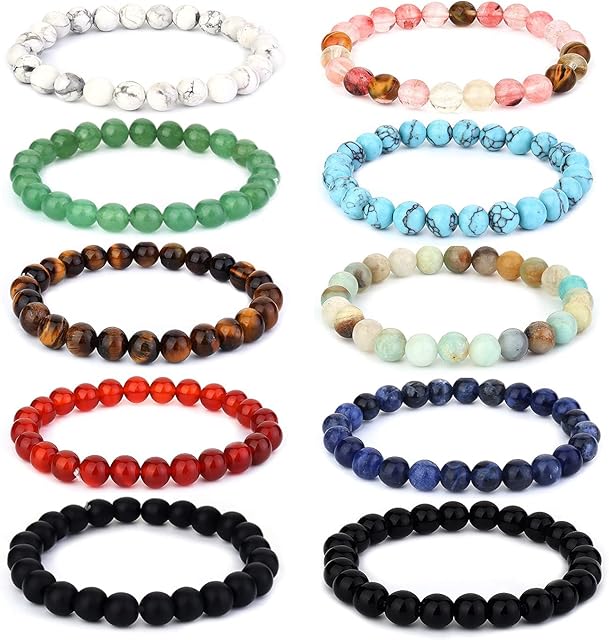 Finrezio 10 Pcs 6/8mm Natural Beaded Bracelets for Women Men Energy Healing Stone Stretch Elastic Bracelet Set Crystal Charm Couples Bracelets