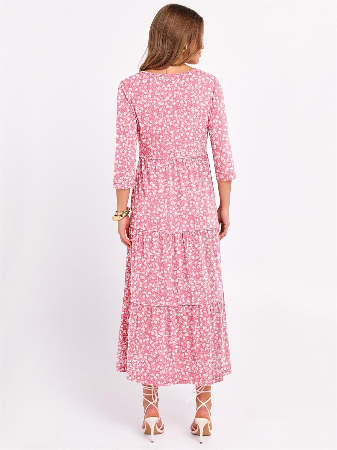 Prinbara Womens 3/4 Sleeve Casual Maxi Floral Dresses 2026 Spring Crewneck A-line Tiered Flowy Summer Boho T Shirt Long Dress