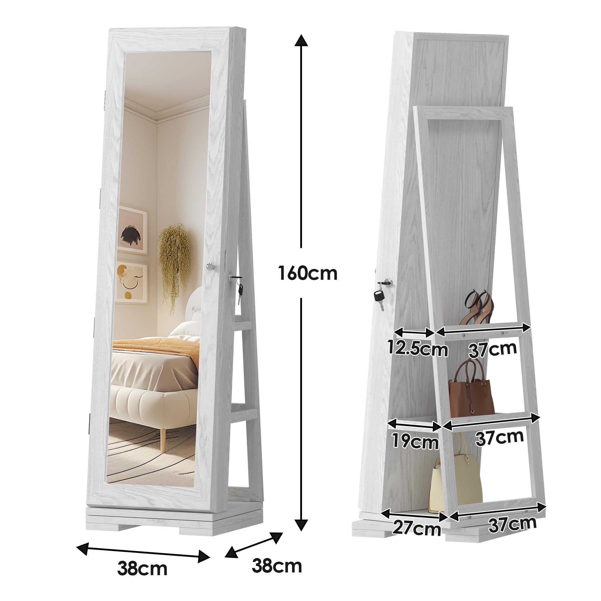 Armadietto portagioie con specchio, richiudibile a specchio, girevole a 360°, con 3 ripiani, grande contenitore per gioielli, 160 x 38 x 38 cm (bianco)