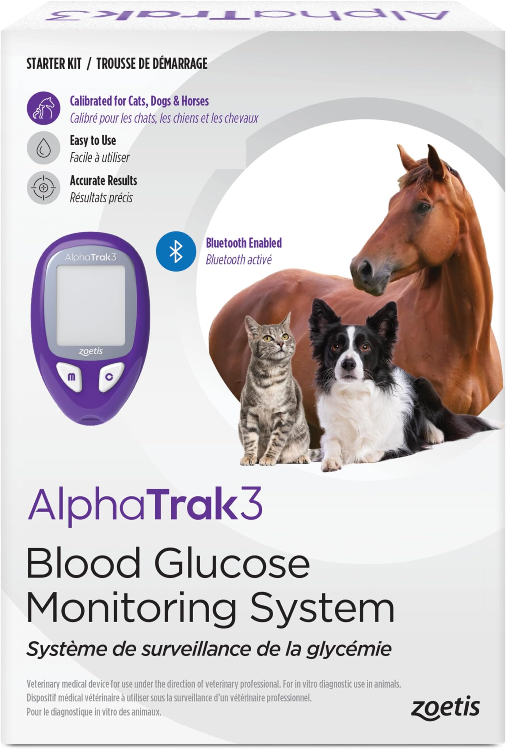 AlphaTrak 3, 8 Piece Pet Blood Glucose Monitoring Kit for Diabetic Cats, Dogs, and Horses All-in-One Solution for in-Clinic Or At Home, with Digital Results, Purple