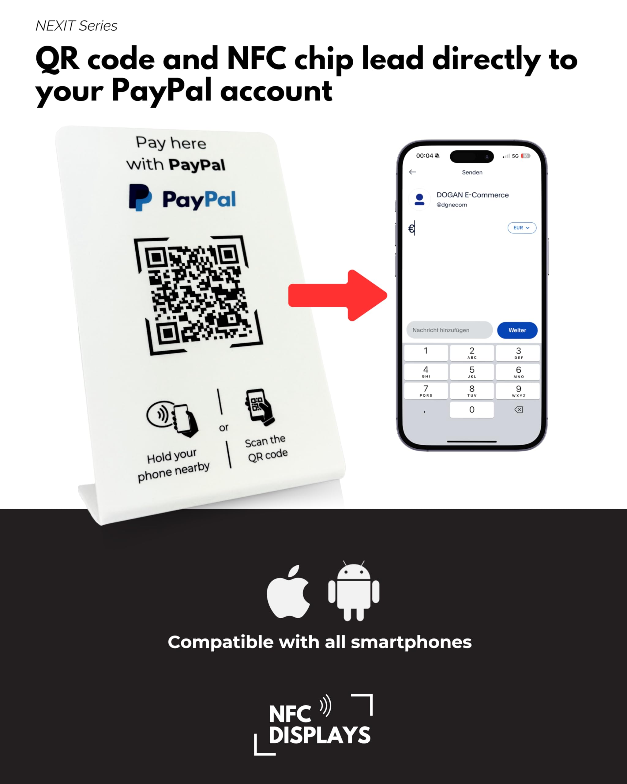 Aufsteller für PayPal-Zahlung mit QR-Code und NFC-Chip (Englisch) 16,5 x 10,5 cm - weiß