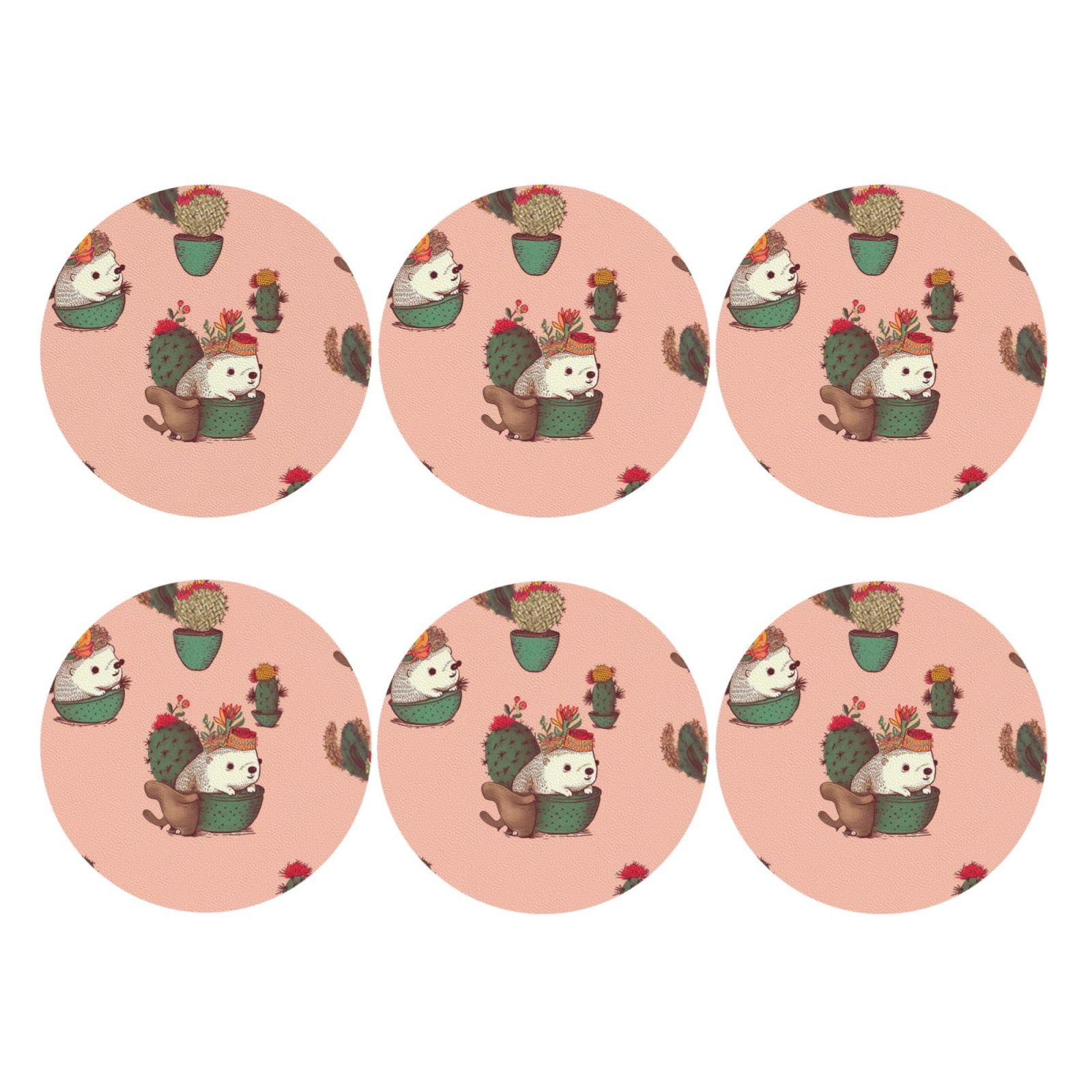 6pcs Leather Coasters for Drinks, Hedgehog and Cactus Drink Coasters for Tabletop Protection, 4" Cup Coasters for Coffee Table Decor, Non-Slip Drinking Cup Mat for Hot Or Cold Drink