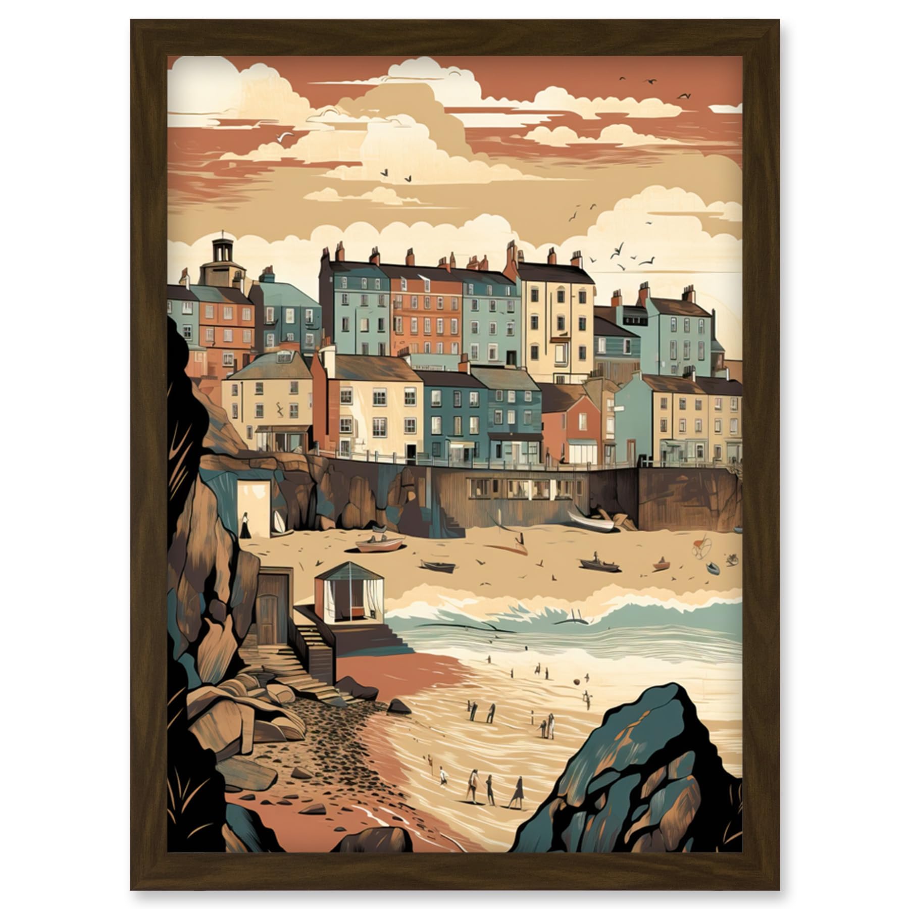 Artery8 Tenby Harbour Beach Pastel Colour Coastal Town Artwork Framed Wall Art Print A4