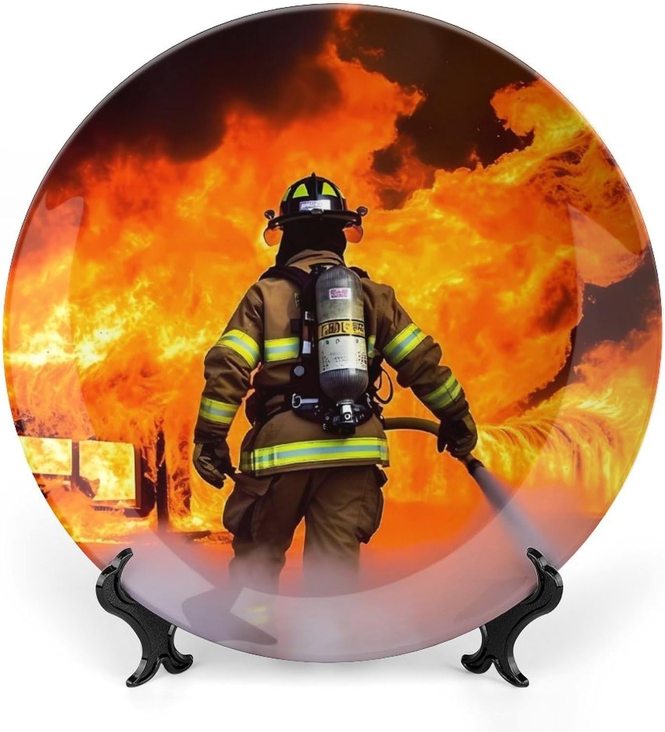 Firefighter Fireman Flame Decorative Ceramic Plate Personalized Bone China Decorative Plate Round Porcelain Plates with Display Stand Cabinet Display Plates for Home Decor 10inch