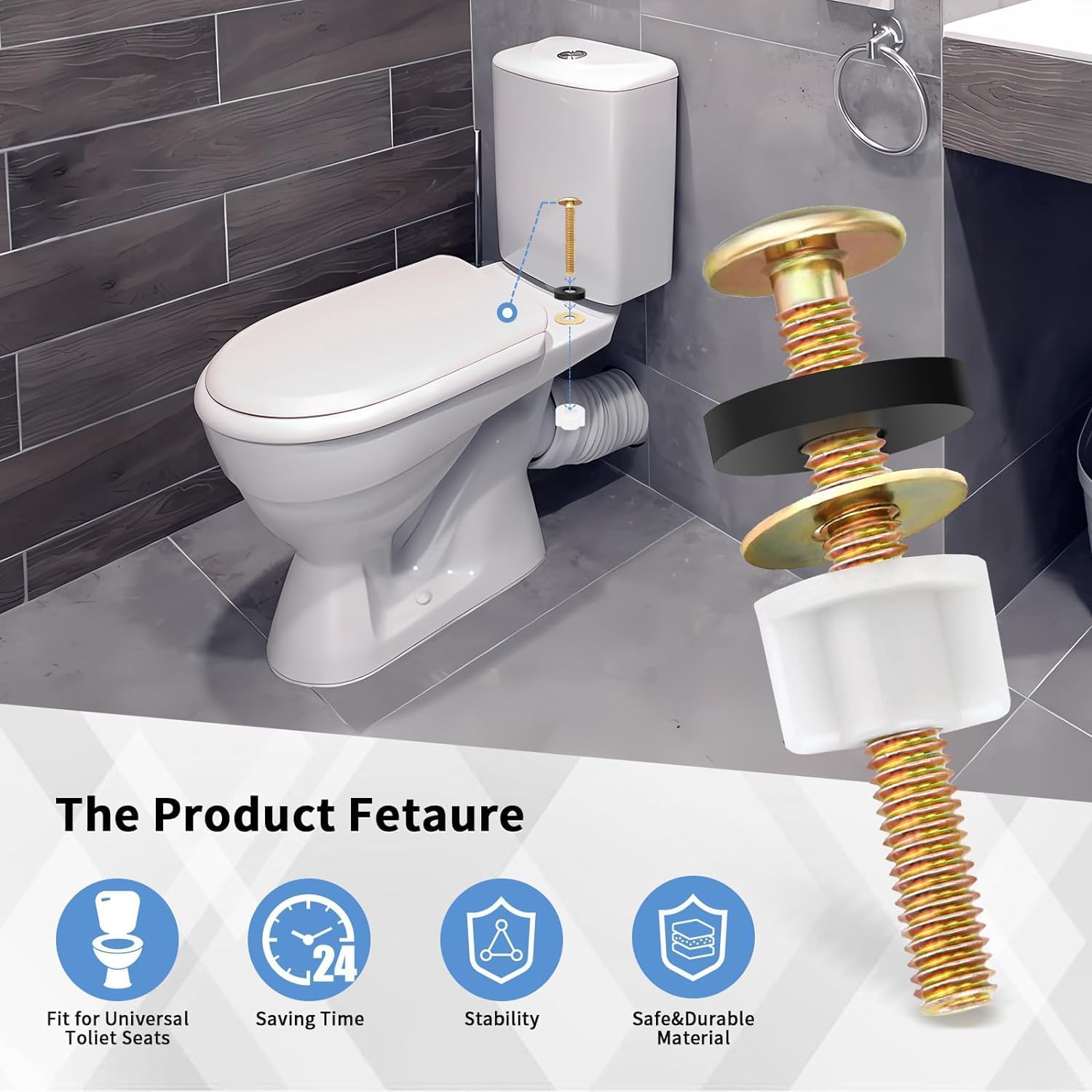 2Pcs Universal Metal Toilet Seat Screws Kit, Screws for Toilet Seat Lid, Toilet Seat Fastener Bolt Kit, Toilet Seat Clips Replacement Kit