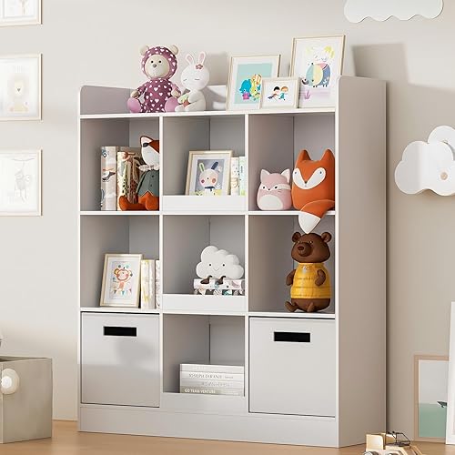 Estantería infantil con 9 cubos, organizador de almacenamiento de juguetes con 2 cajones de tela, estantería abierta de madera independiente de 3