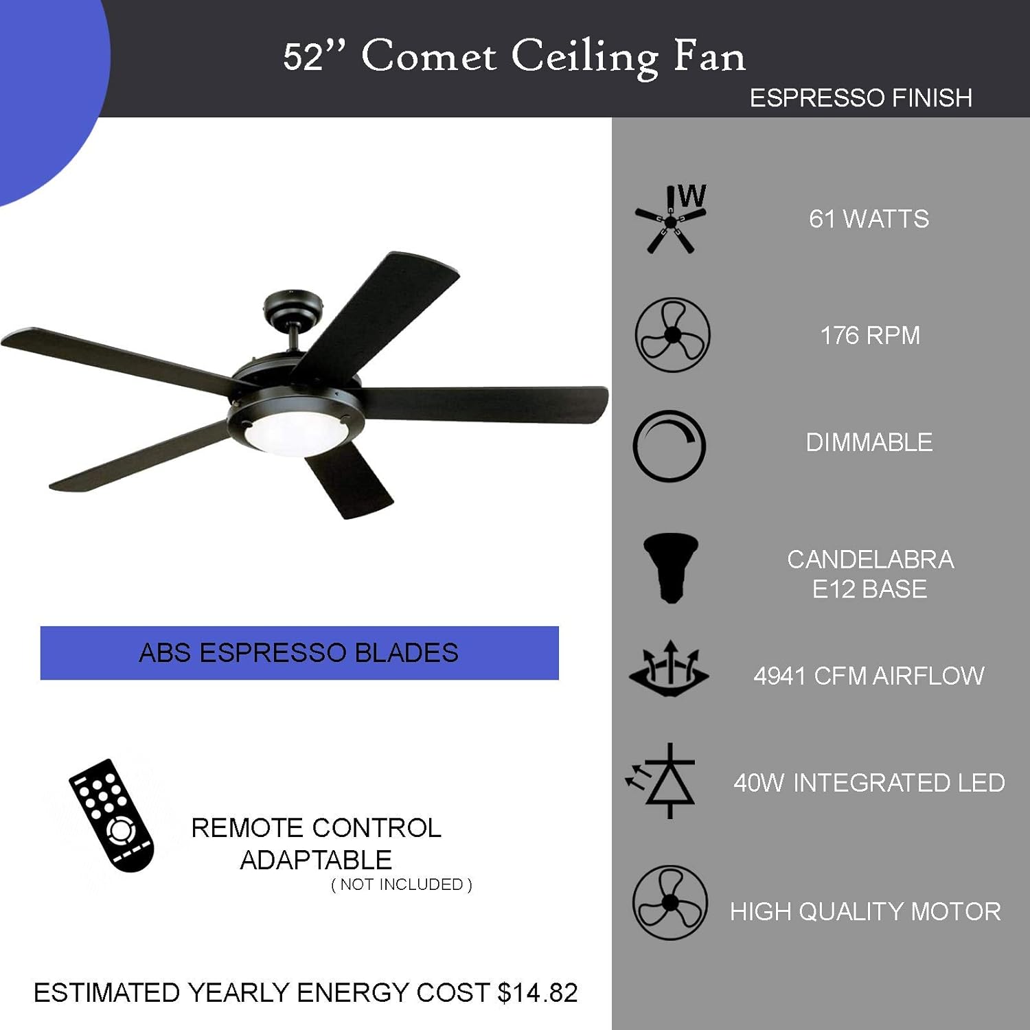 Prоduсt Dеаl Ciata Lighting Comet 52-Inch Indoor/Outdoor Ceiling Fan in Espresso Finish with Dimmable LED Light Fixture in Frosted Glass with Espresso ABS Blades