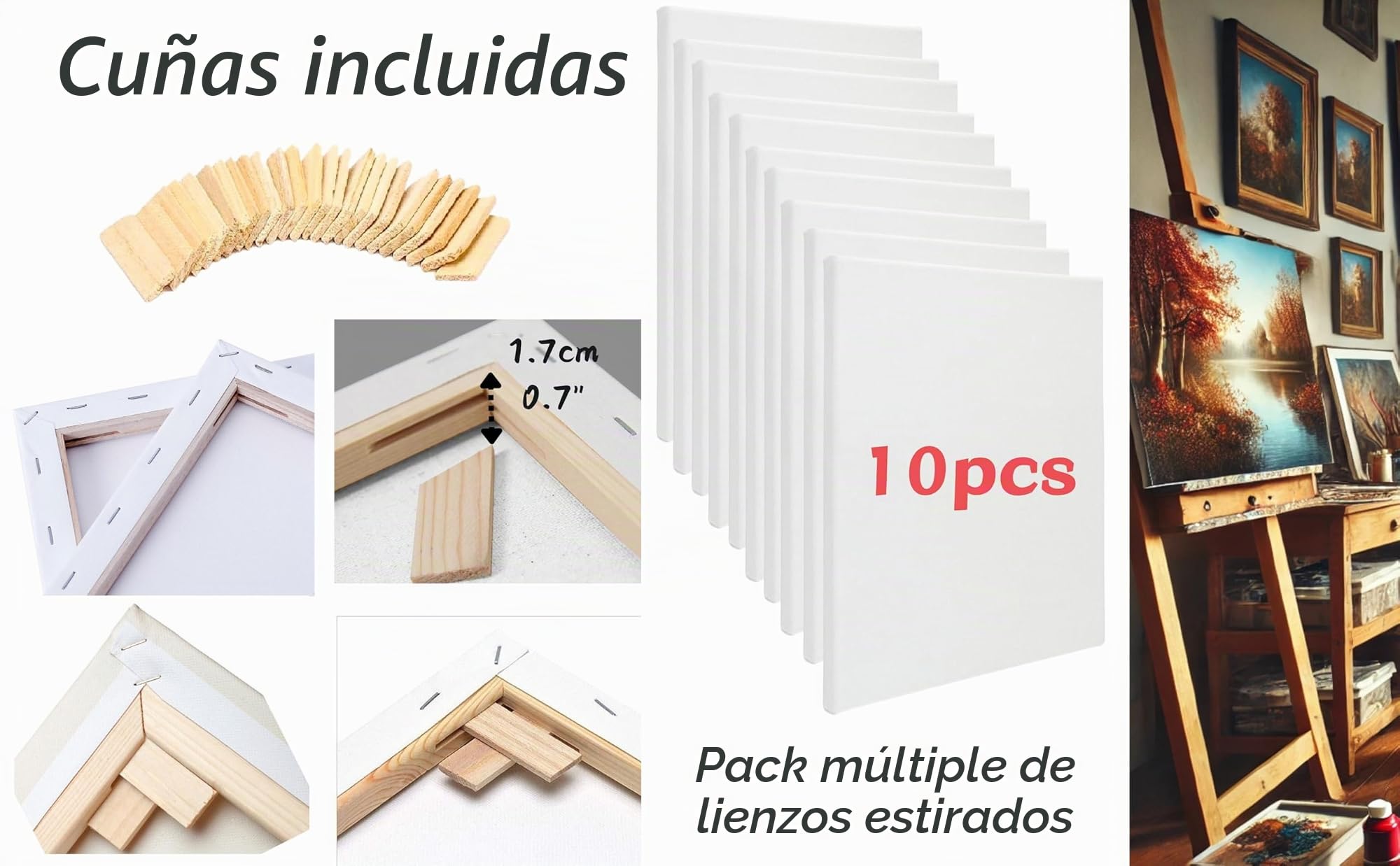 Exerz Lienzo Preestirado 30x40cm 10 piezas, Lienzos Enmarcados de 1,7 cm, 280 g/m², 100% Algodón, Triple Imprimación, Sin Ácidos, Grano Medio, Ideal para Pintura Acrílica y Óleo