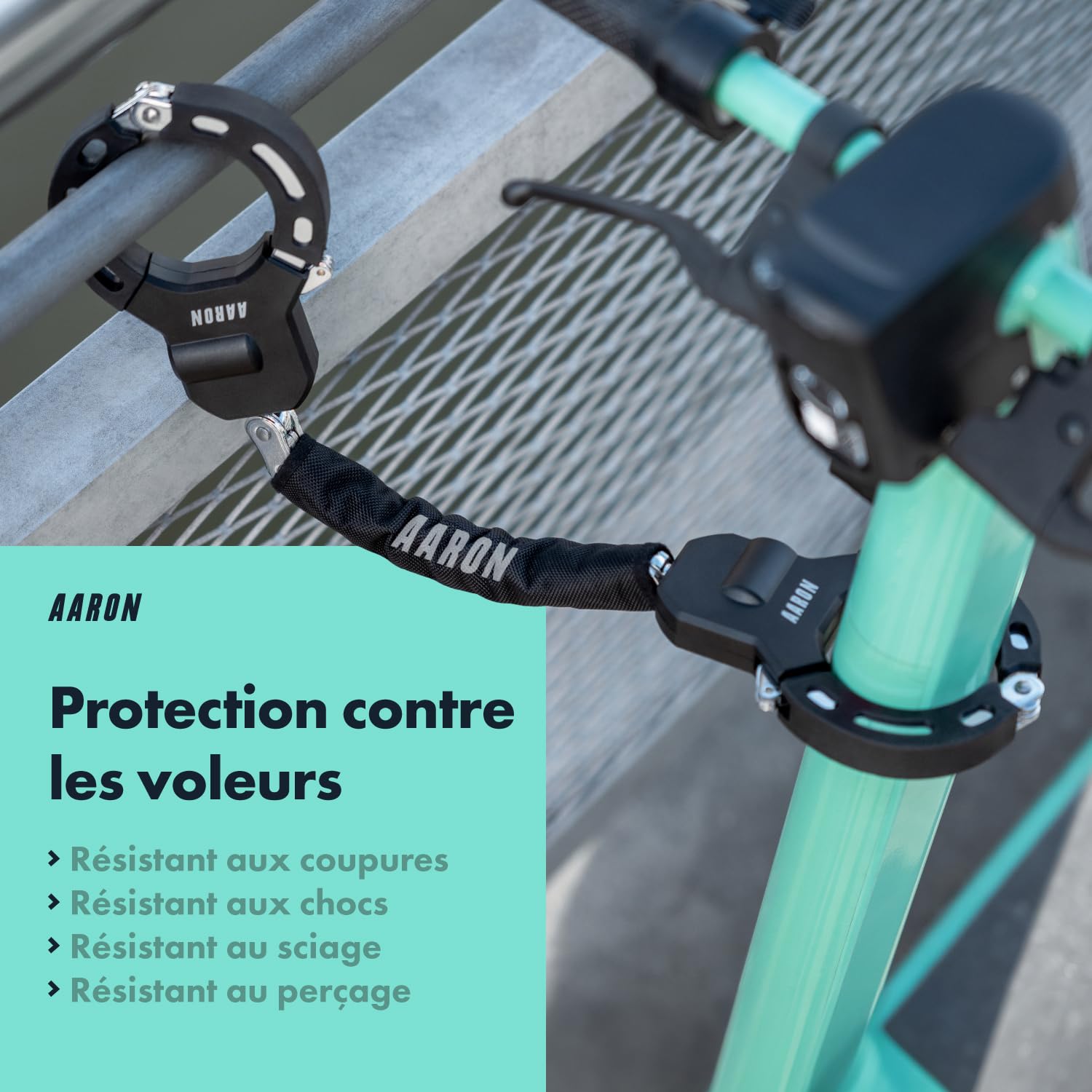 AARON Antivol à menottes pour scooter électrique - Design haute sécurité - Antivol de vélo flexible avec chaîne en acier - Robuste et protection contre les rayures (noir)