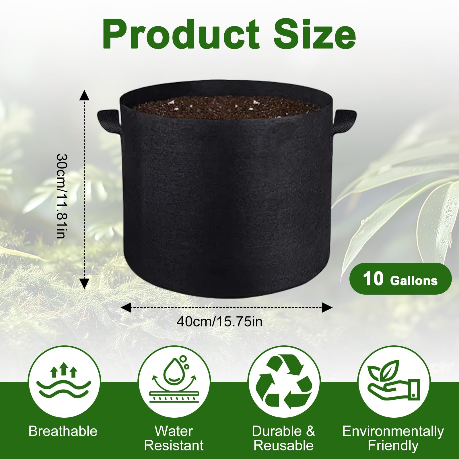 Lot de 10 sacs de culture pour légumes, sacs de culture de 37 litres, pots en tissu non tissé épais avec poignées, conteneurs de culture pour légumes et fleurs
