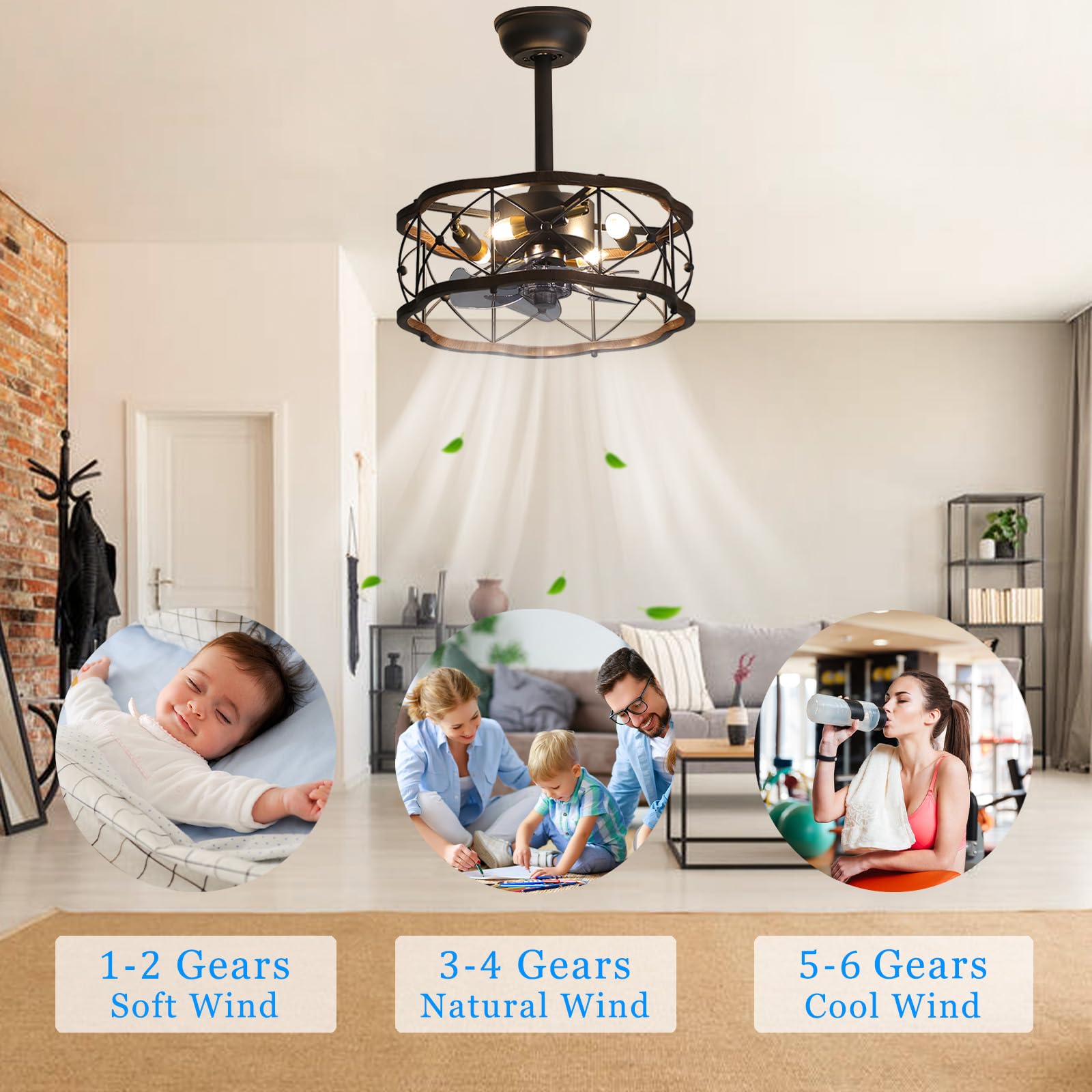 Industriële Plafond Ventilator met Licht en Afstandsbediening 6 Snelheden Stil Ventilator Lamp Plafond Omkeerbare Motor Kooi Plafond Ventilator met Verlichting voor Woonkamer Slaapkamer-Matte Black
