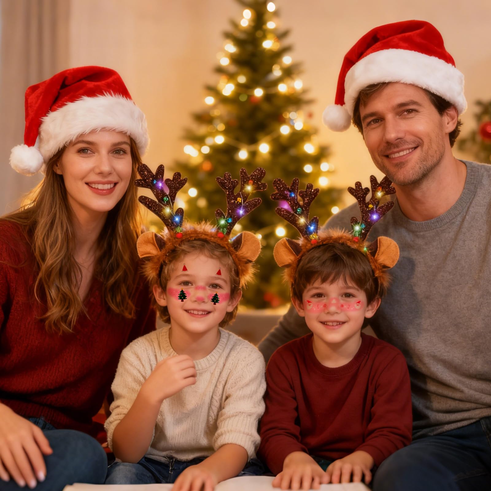 2 Diadema Navidad, Diademas Navideñas con Luces Set Incluye 2 Pegatinas de Rubor, Diadema Reno Navidad, Diademas Navideñas con Cascabeles Apto para Niños y Adultos