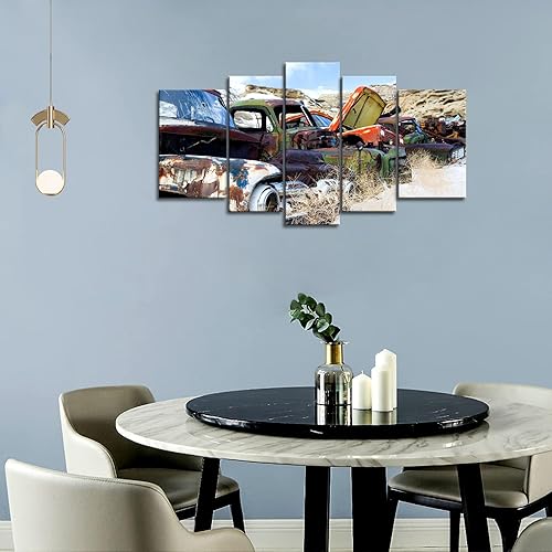 Miniatura 6 de Pintura artística para pared, 5 paneles de autos clásicos y vintage antiguos en el depósito de chatarra rural en invierno, cuadros impresos en