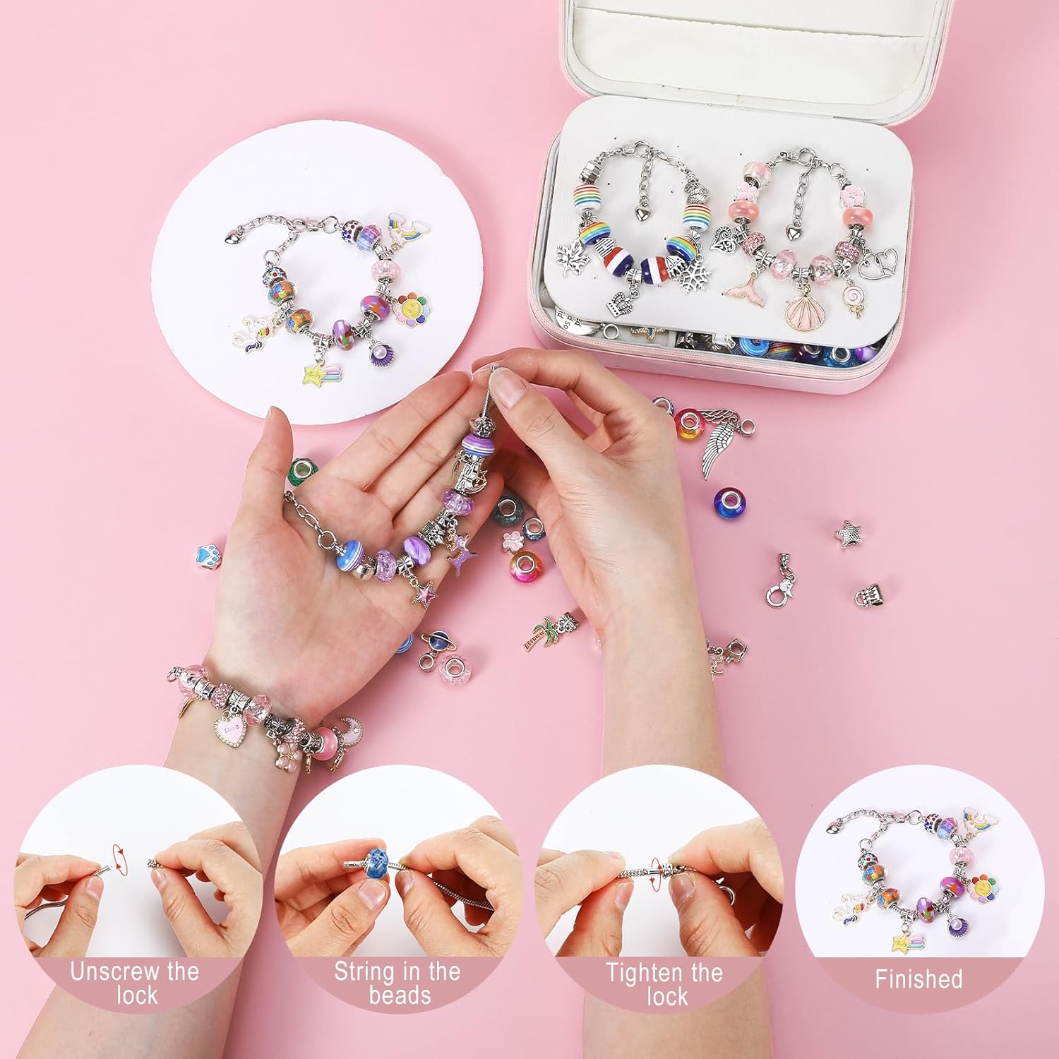 Emibele Bracelet Making Kit for Girls, 120 PCS Jewelry Making Kit DIY Art Crafts Toy with Portable Jewelry Organizer Box for Girls 5-12, Gifts for Teens Women on Birthday Valentines Christmas