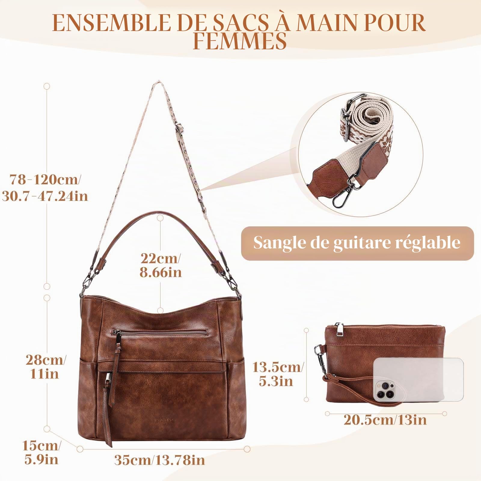 VASCHY Sac à Main Hobo Femme, Sac Bandoulière Femme Cuir PU Grande - Sacs à Main Portés Épaule/Portés Main avec Portefeuille pour Shopping, Travail et Voyage
