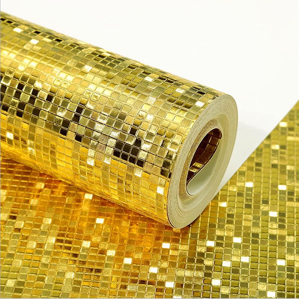 Q QIHANG 1.73' W x 32.8'L Small Gold Foil Lattice Mosaic Reflective Modern Style KTV Bar Wall Paper PVC Non-Pasted Wallpaper (Silver)