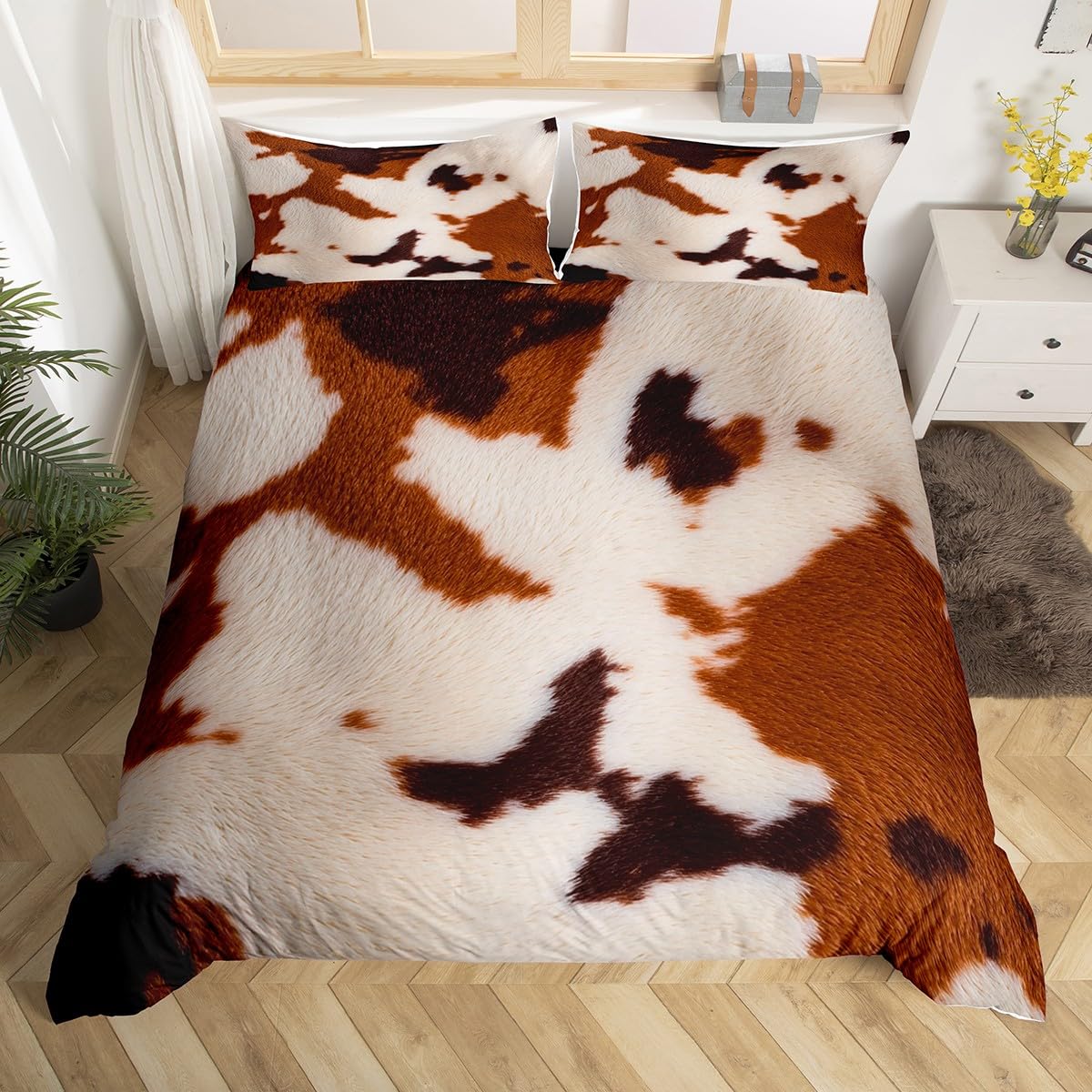 Homewish Boys Multi 06 Cowhide Duvet Cover Western Farm Animal Bedding Set Double,Brown White Cow Print Comforter Cover For Kids Girls Teens Room Decor Wildlife Rustic Farmhouse Cow Quilt Cover