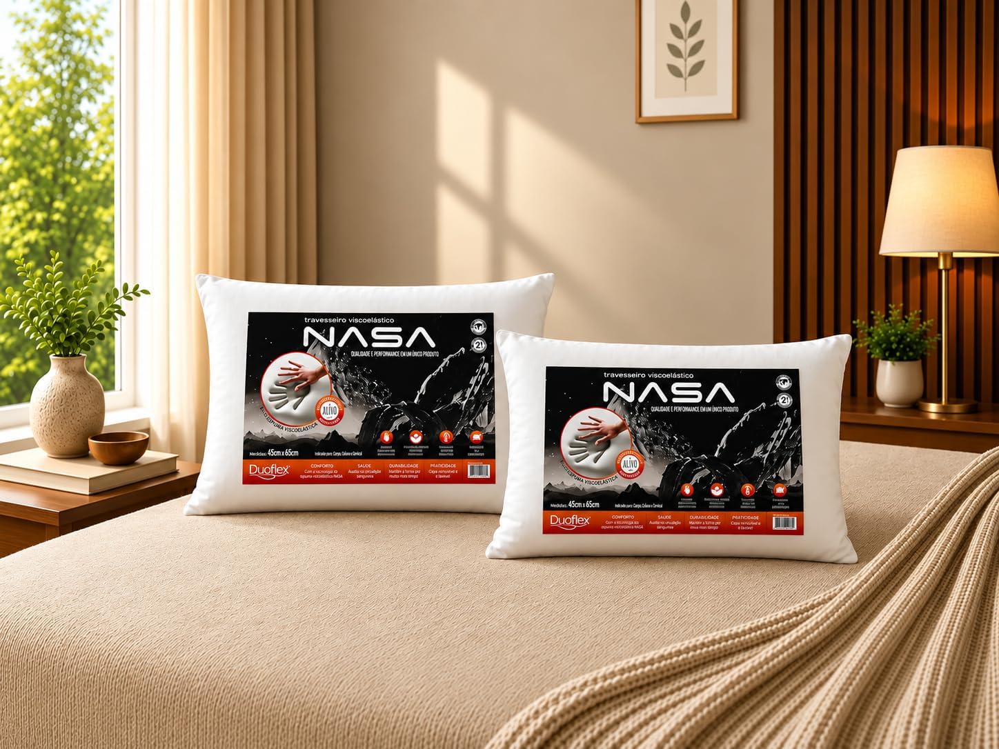 Kit 2 Travesseiros NASA-X Viscoelásticos 45x65x10cm Tradicional
