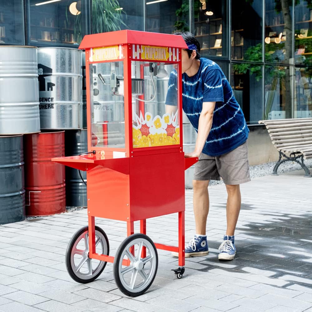 Restaurantware CART ONLY: Hi Tek Popcorn Stand For 8 Ounce Popcorn Maker 1 Red Popcorn Cart - Popcorn Machine Sold Separately 2 Wheels and 2 Locking Casters Stainless Steel Popcorn Popper Stand