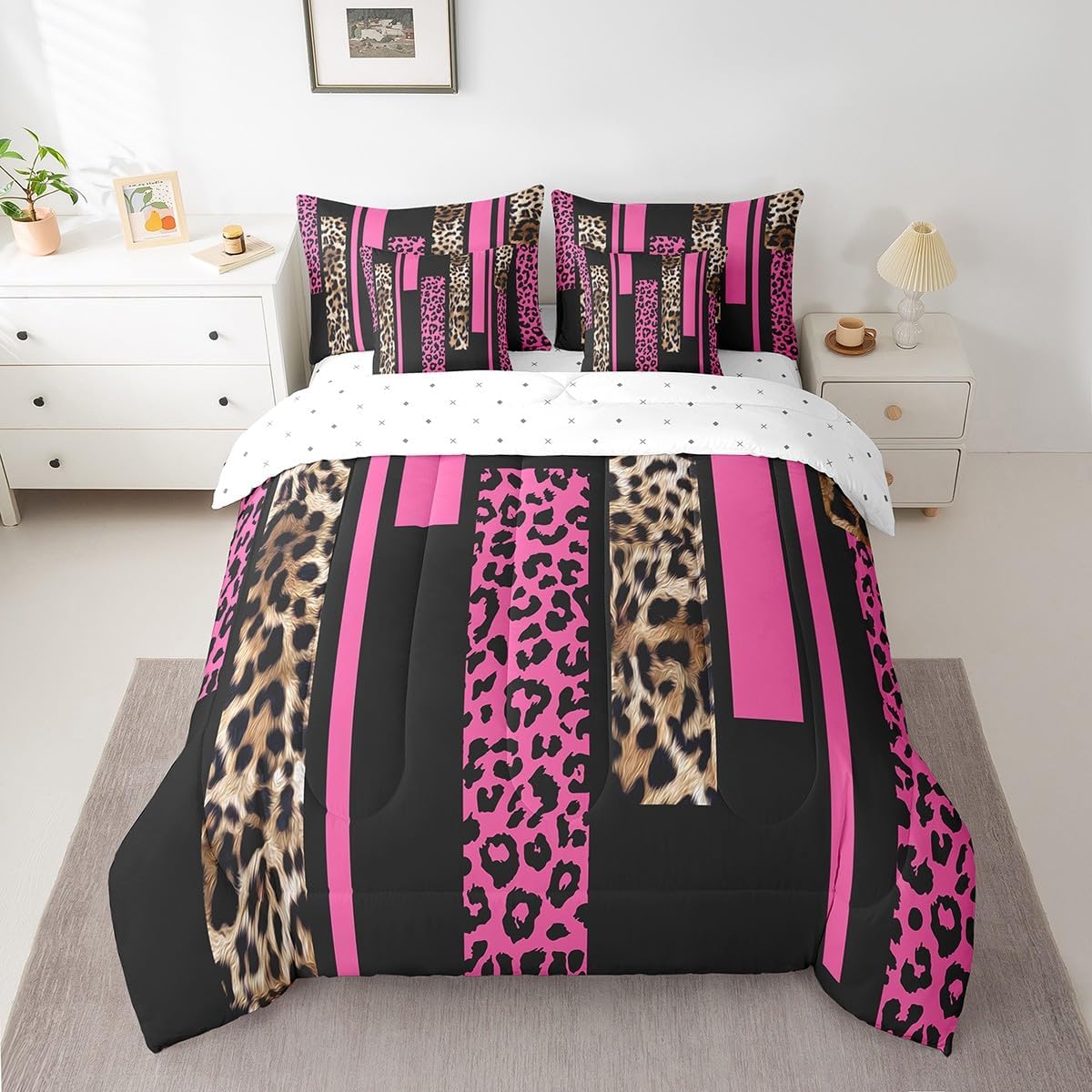 7 Pieces Queen Size Leopard Comforter Set,Abstract Wlid Cheetah Skin Rustic Bedding Set,Geometric Stripes Patchwork Fashion Pink Brown（Comforter+Fitted+Flat Sheet+2 Pillowcases+2 Throw Pillow Covers）