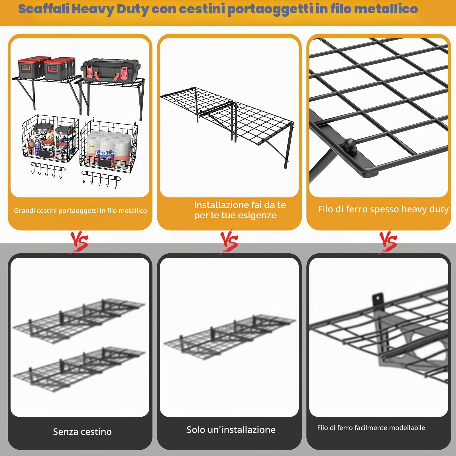 ThreeHio Confezione da 2 mensole da garage da parete con cestelli metallici, resistenti, industriali, per garage, giardino, casa, organizzazione e stoccaggio