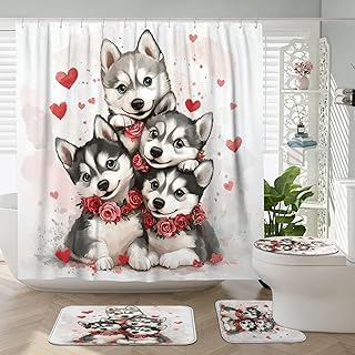 DESIHOM 4PCS Husky Dog Shower Curtain 72''x72'' with Hooks, Bathroom Accessory Sets with Bath Mat, U Shape and Toilet Lid Cover Mat, Valentine's Day Funny Cute Home Fabric Decor
