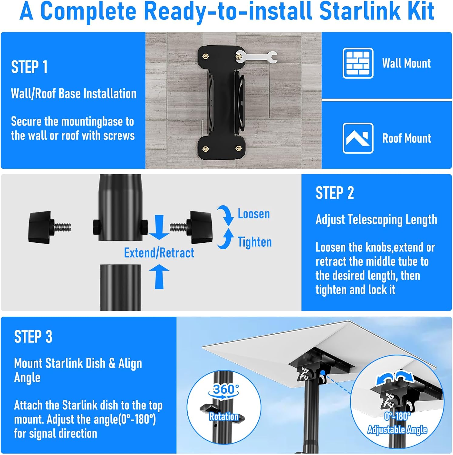 Starlink Wall Mount for Gen 3/4/4X Standard, 360 Degree Swivel Extendable Starlink Mounting Kit with All Aluminum Pipe Adapter, Weatherproof Starlink Gen 3 Mount for V3/4/4X (Reinforced)