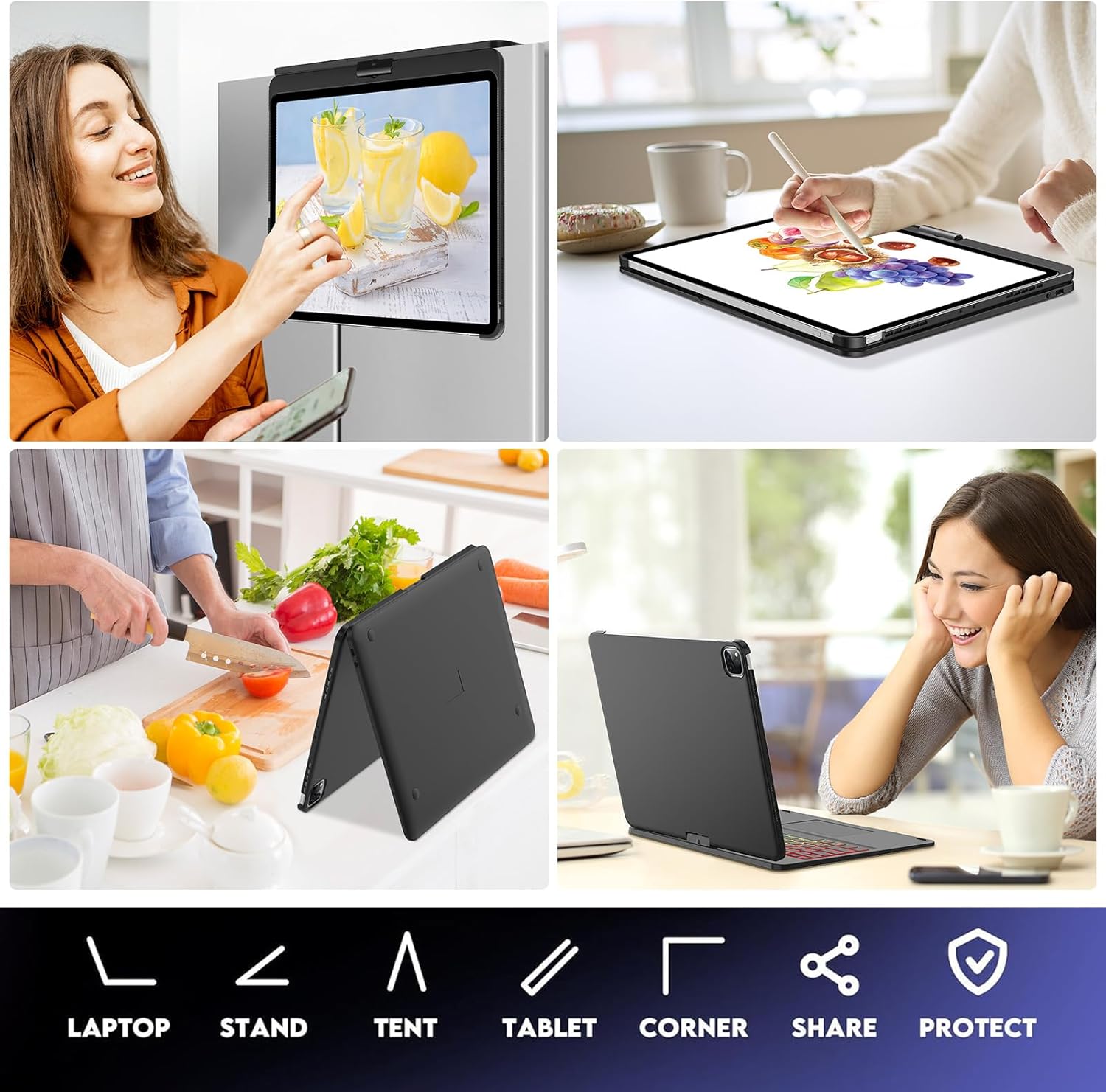 Collage of images demonstrating the 7 usage modes of the keyboard case: Laptop, Stand, Tent, Tablet, Corner, Share, and Protect, showing various orientations for different activities.