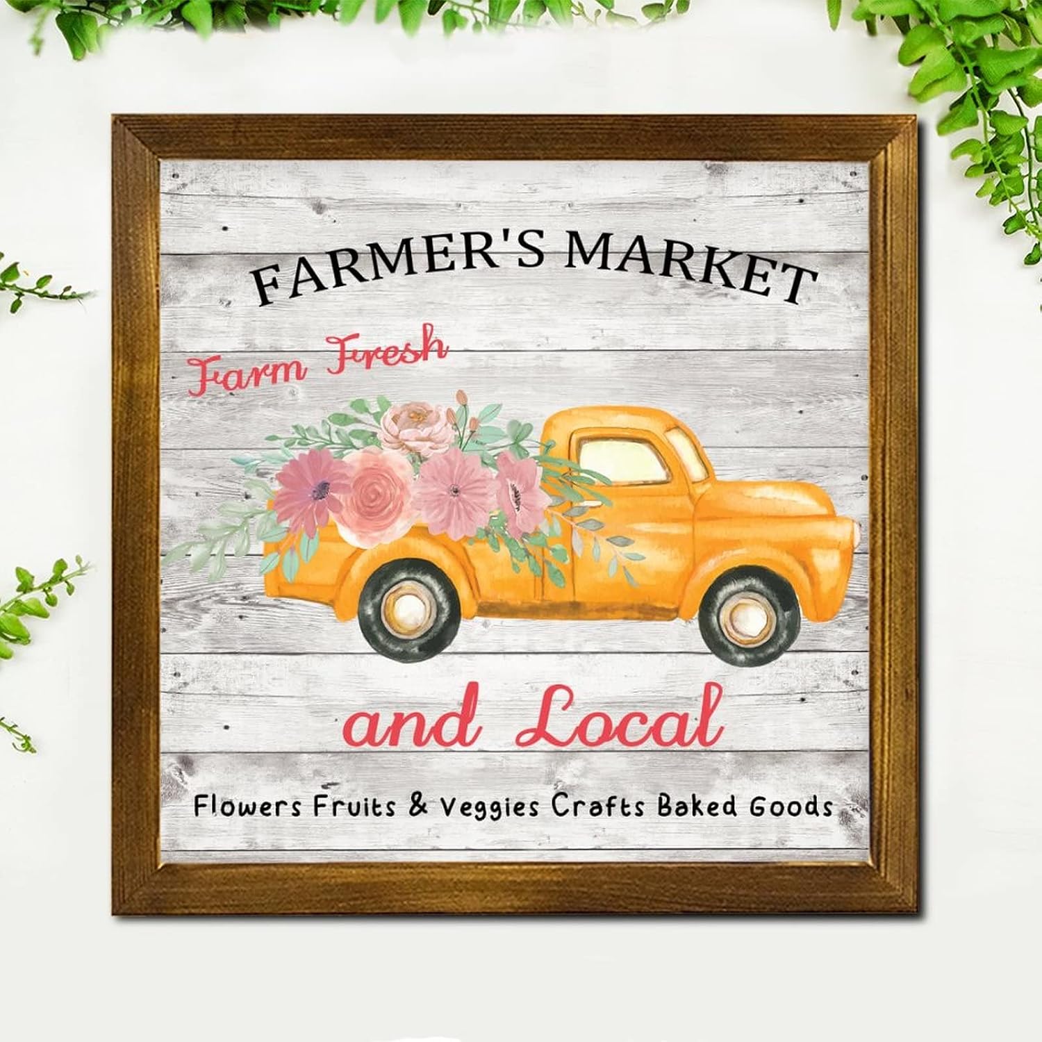 Farmer's Market Farm Fresh Wooden Framed Signs Rose Flower Yellow Truck Wooden Wall Sign Rustic Nature Plants Wall Decor Farmhouse Rustic Wooden for Grandpa Papa Dad Boyfriend Teacher 12x12 inch