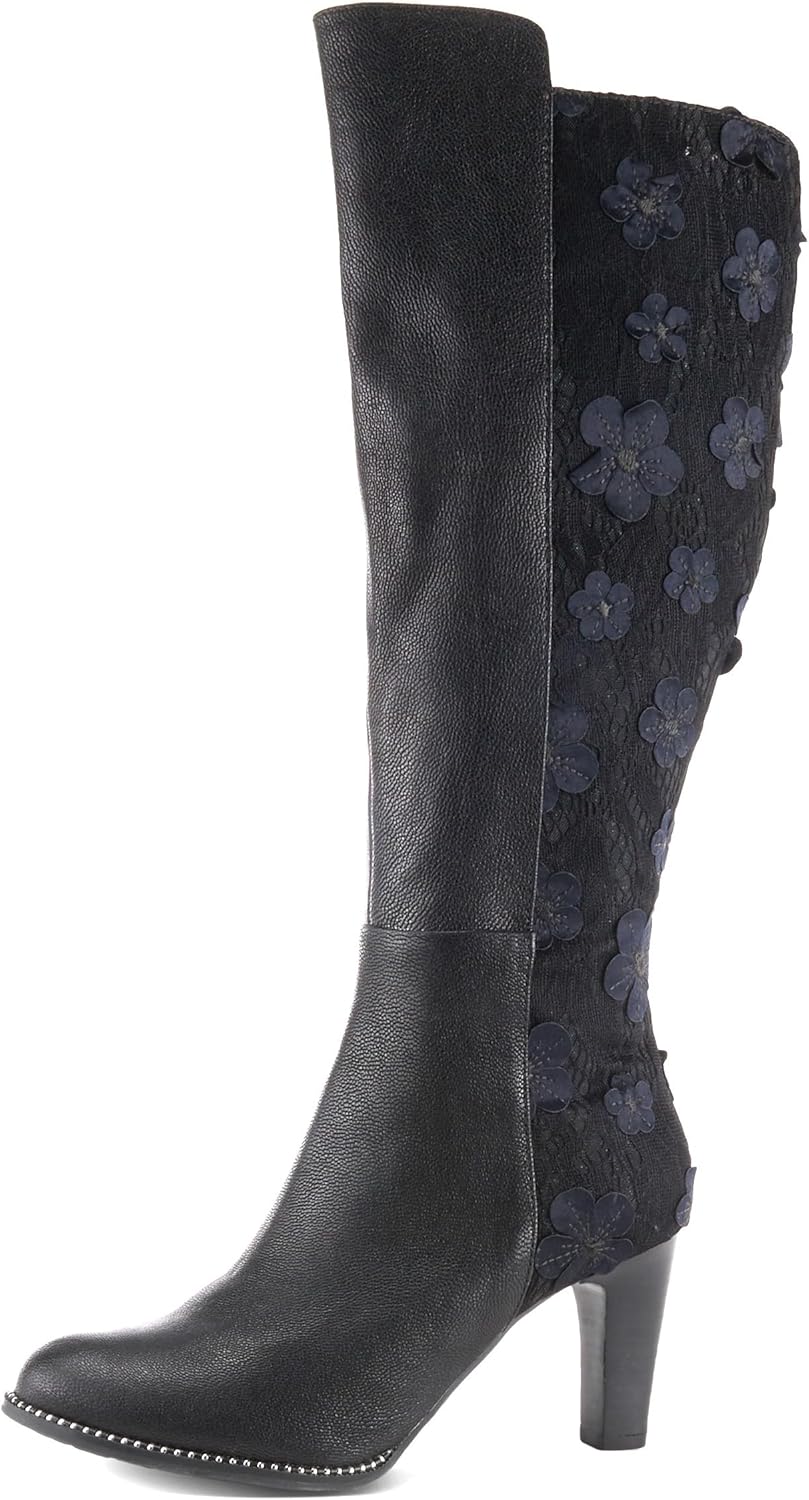 Spring Step L'Artiste Rozena Tall Boots | Floral Appliqué Mid-Calf Leather Boots with Lace Detailing