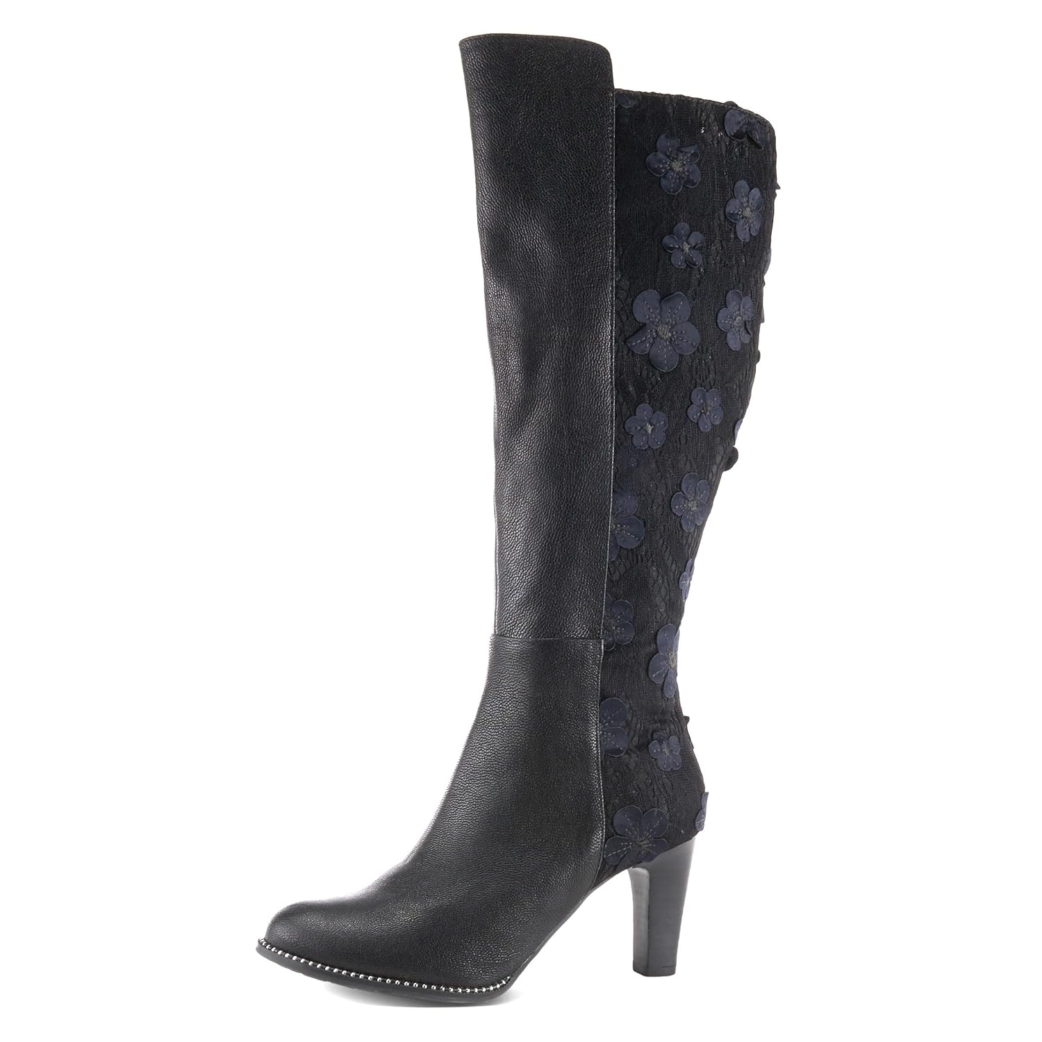 Spring Step LArtiste Rozena Tall Boots Floral Appliqu Mid-Calf Leather Boots with Lace Detailing