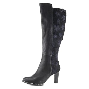 Spring Step LArtiste Rozena Tall Boots Floral Appliqu Mid-Calf Leather Boots with Lace Detailing
