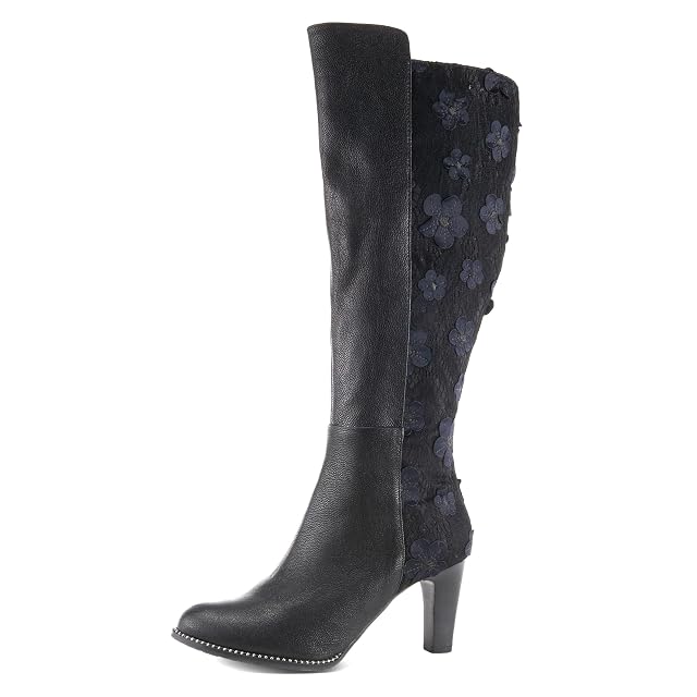 Spring Step LArtiste Rozena Tall Boots Floral Appliqu Mid-Calf Leather Boots with Lace Detailing