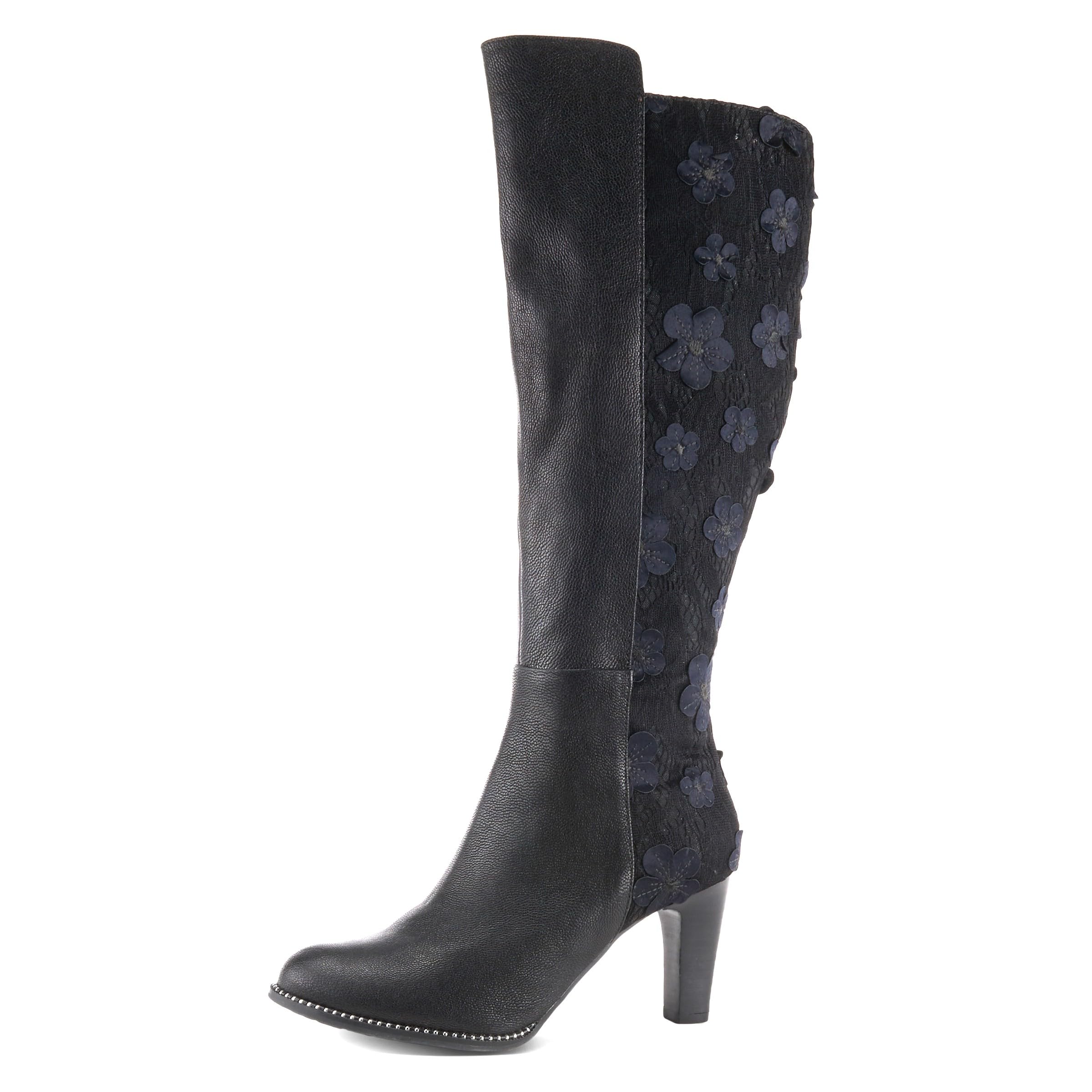 Spring Step LArtiste Rozena Tall Boots Floral Appliqu Mid-Calf Leather Boots with Lace Detailing