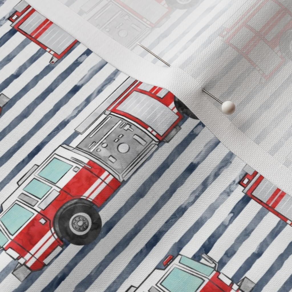 Spoonflower Fabric - Watercolor Firetruck Navy Stripes Fire Truck Fighter Little Boy Printed on Petal Signature Cotton Fabric Fat Quarter - Sewing Quilting Apparel Crafts Decor