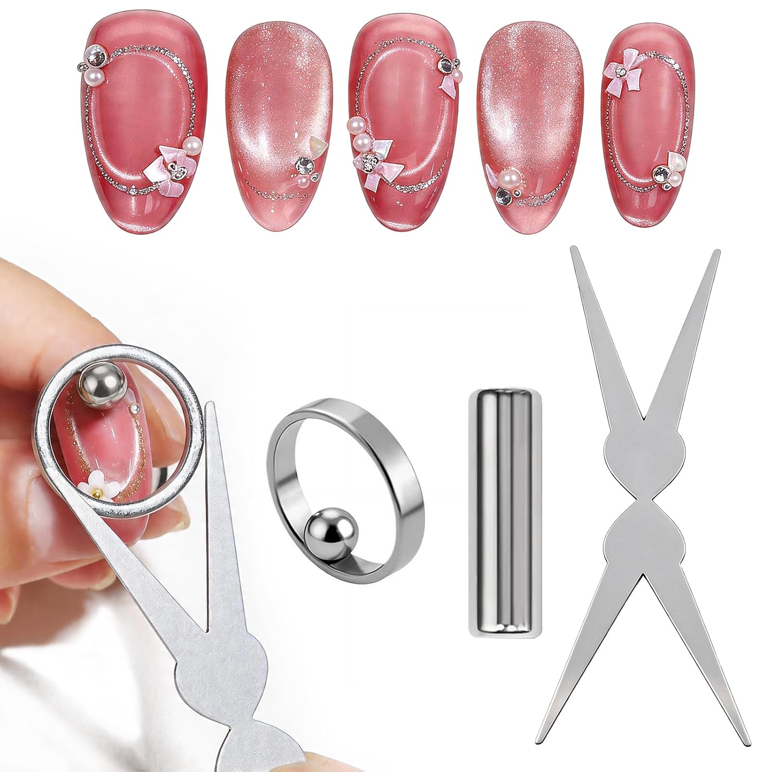 4pcs Cat Eye Magnet for Nails, Ring + Magnet Beads for Ring Hole Cat Eye Effect, Cylindrical Magnet + Scissor-Shaped Plates for French tip Cat-Eye Effect, Nail Magnet for Cat Eye Gel Polish