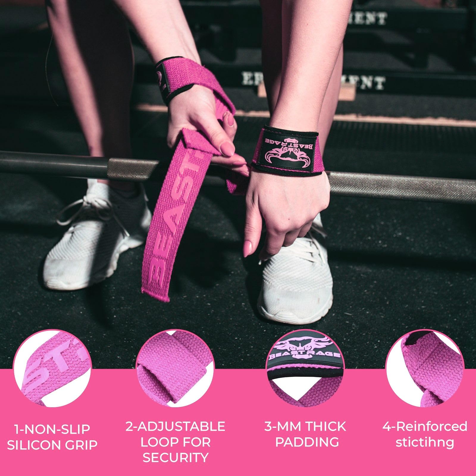 BEAST RAGE Polsiere Palestra Sollevamento Fasce da Polso Cinghie Donna & Uomo Polsini Palestra Per Gym Bodybuilding Crossfit Calistenics,Polsini, bendaggi per il polso (Rosa T)