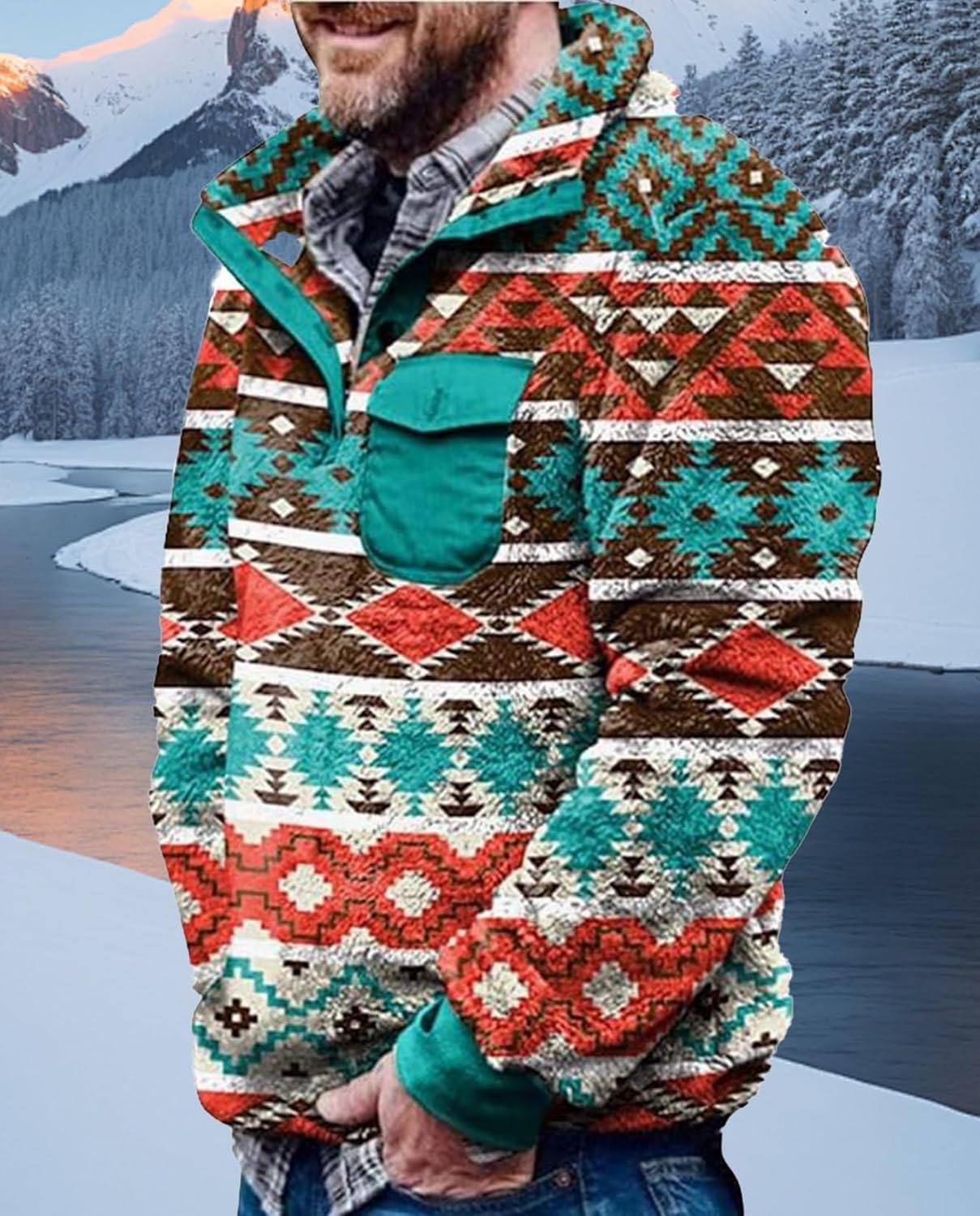 Western Sweatshirts for Men Aztec Fleece Pullover Sweatshirts Mens Vintage Print Fuzzy Sweatshirt - Image 4