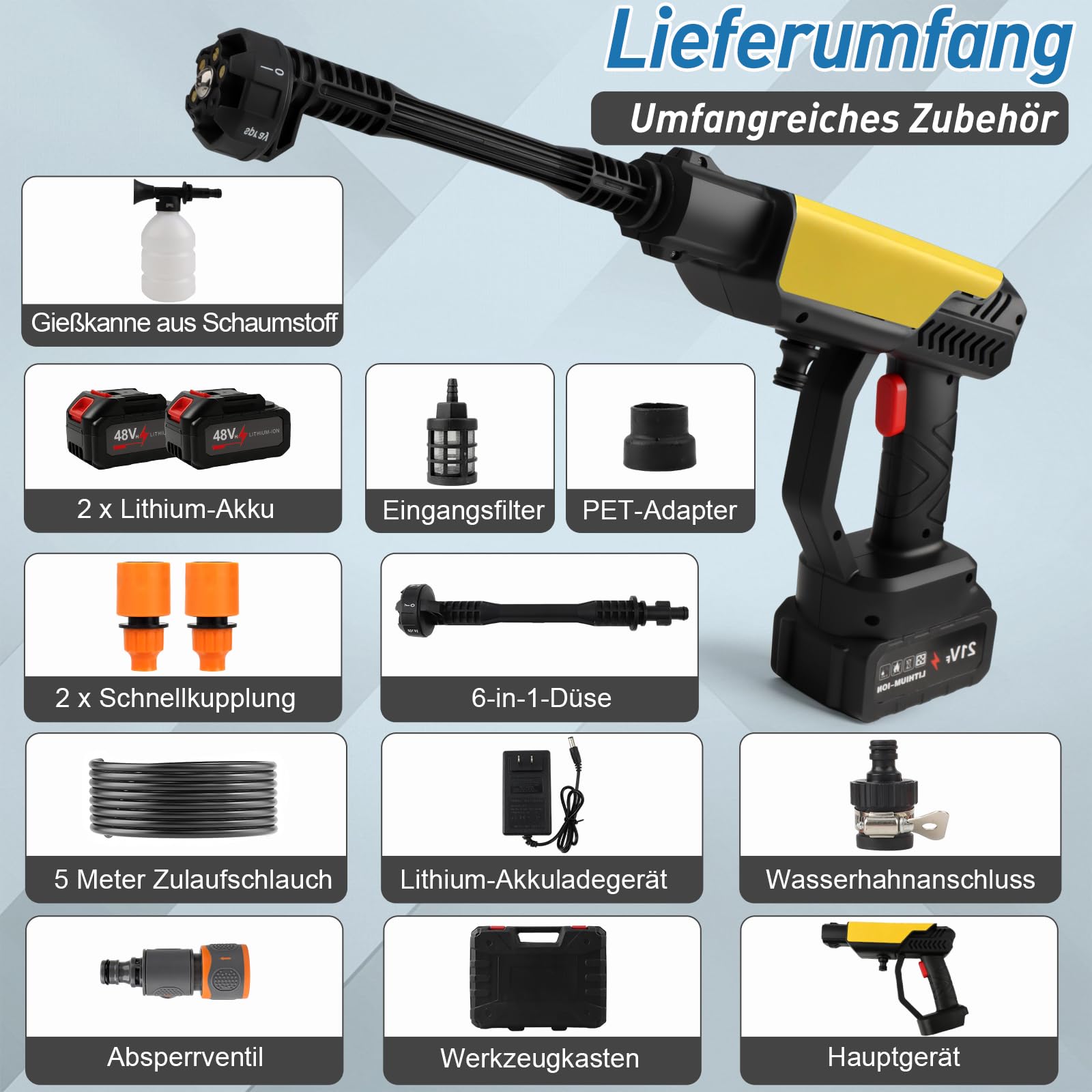 Limpiador de alta presión con batería, 990 PSI con 2 baterías, 360 l/h, 45 bares, limpiador de alta presión portátil con cargador, boquilla 6 en 1 y manguera de 16 pies, pistola portátil para coche