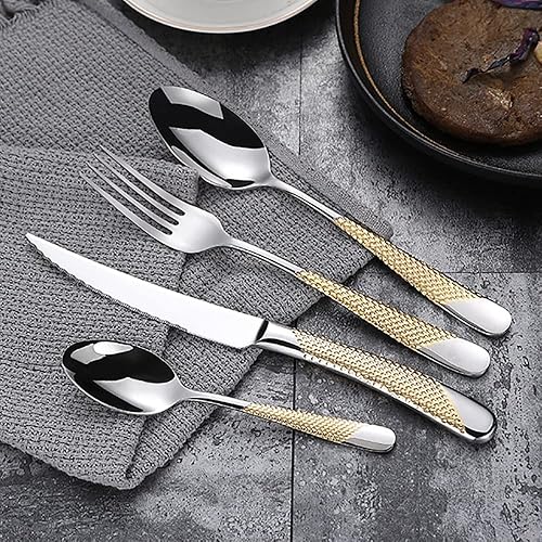 Juego de cubiertos martillados dorados para 16 cubiertos de acero inoxidable 1810 de alta calidad 64 piezas incluye cuchillos tenedores y cucharas