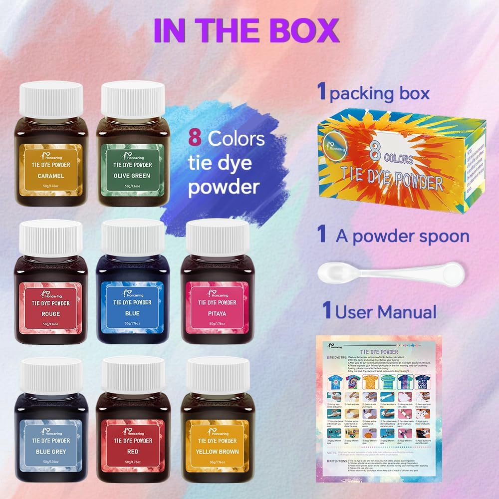 Tie Dye Kit, 8 Colors Dye Kits, Bright-Coloured & Safe Fabric Color Powder, Easy to Use Set for Large Groups, Adults, Handmade Party, Kids