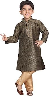 JBN Creation Boys' Full Sleeve Silk Blend Kurta Pyjama Set with Mandarin Collar, Featuring Ethnic Motifs, Self-Design, and Embellishments - Perfect for Festivals and Special Occasions