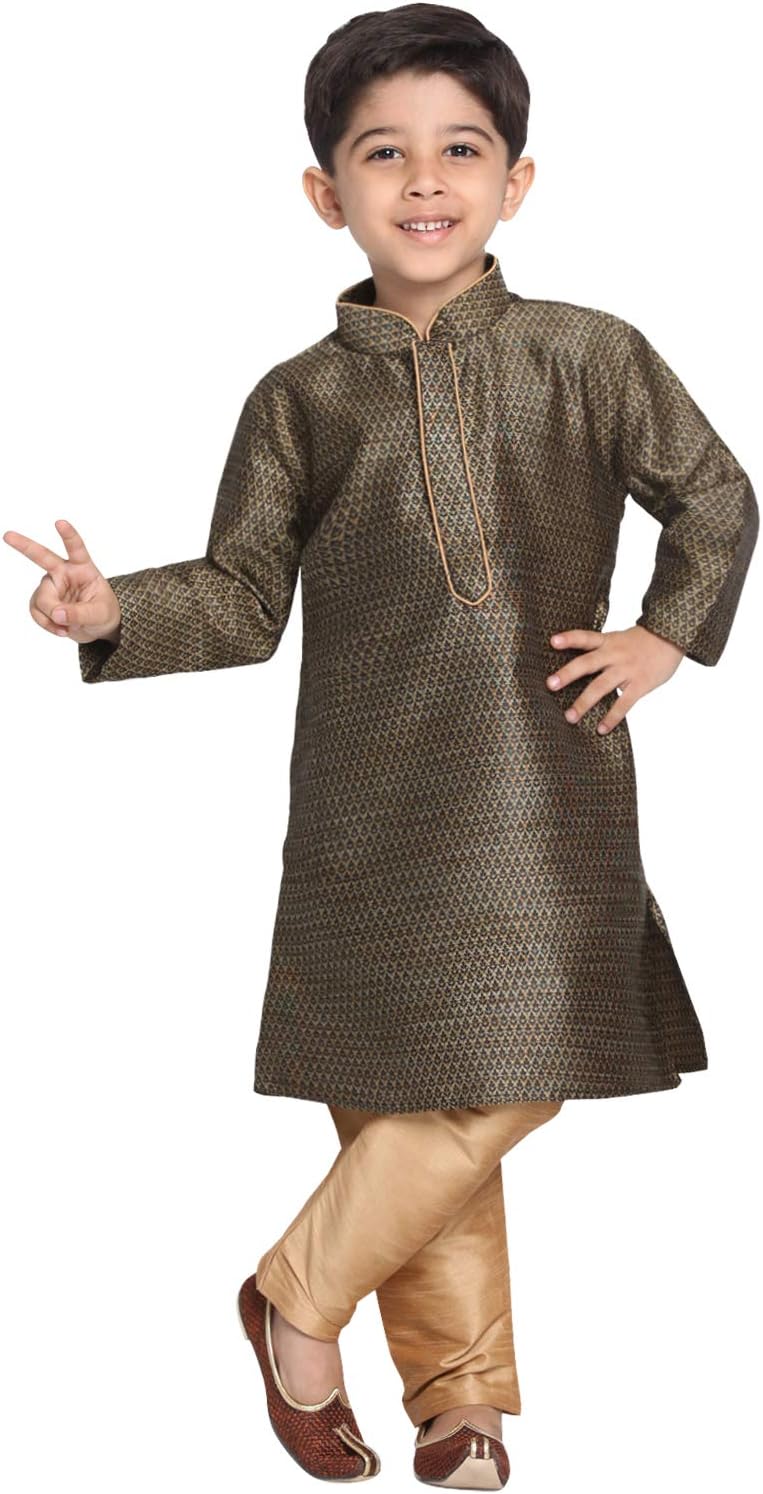 JBN Creation Boys' Full Sleeve Silk Blend Kurta Pyjama Set with Mandarin Collar, Featuring Ethnic Motifs, Self-Design, and Embellishments - Perfect for Festivals and Special Occasions