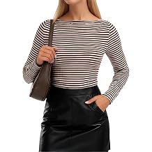 Womens Striped Long Sleeve Shirt Rib Knit Boat Neck Slim Fit Ruched Fall Winter Crop Tops